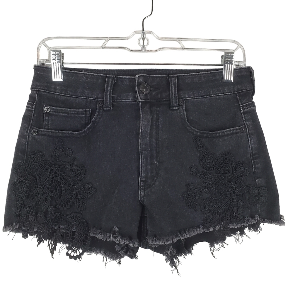 American Eagle Hi Rise Shortie Denim Shorts Womens Size 6 Black Crochet lace